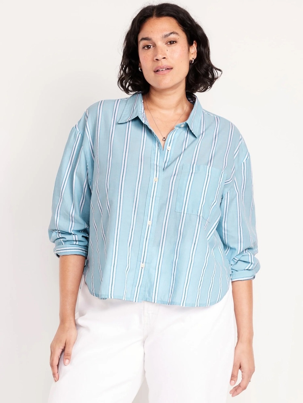 NWT Old Navy The Cropped Long Sleeve Button Down Oxford Shirt Blue Stripe Sz XL